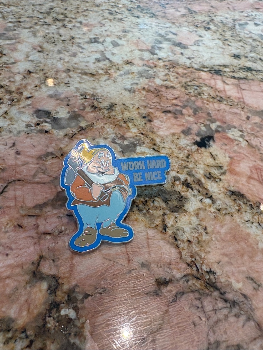 Seven Dwarf Blue Cartoon Enamel Pin - "Work Hard Be Nice"